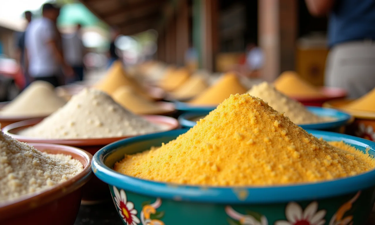 Diferentes tipos de farinha de mandioca em tigelas coloridas.