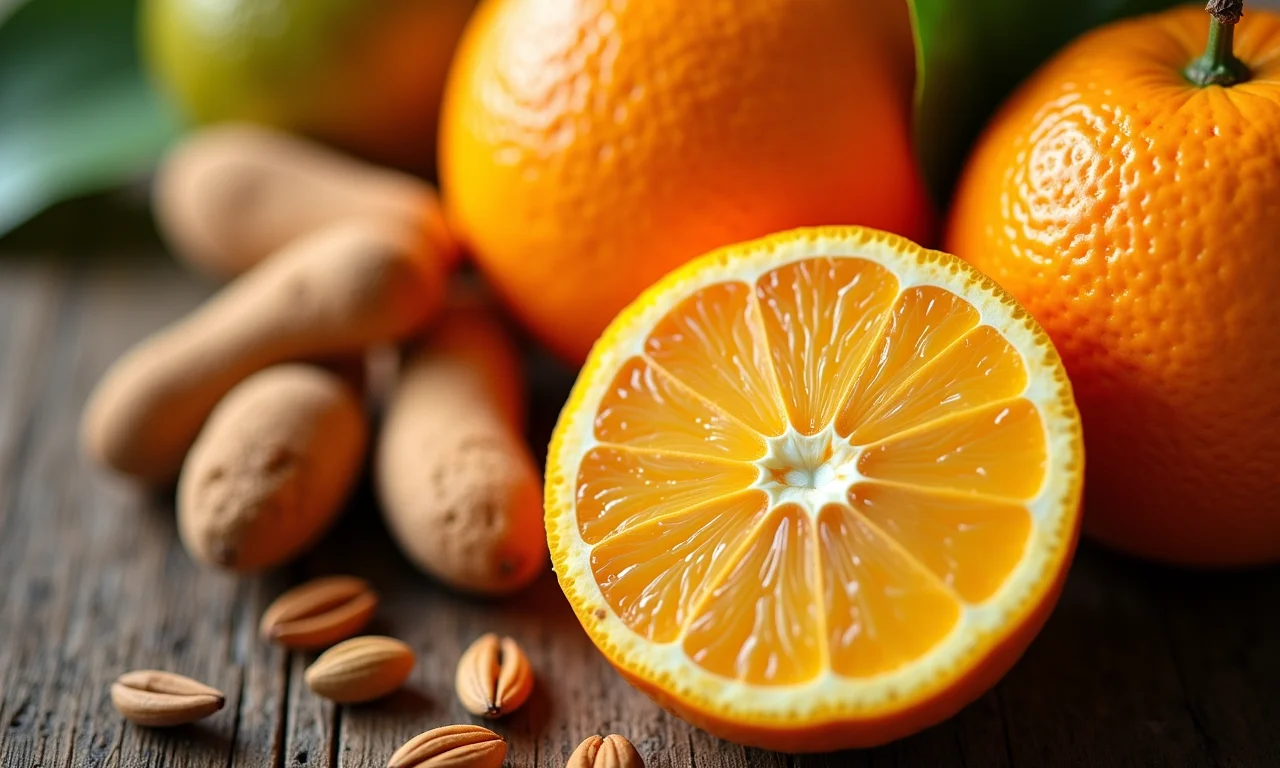 Diferentes tipos de laranja (Bahia, Valência, Sanguínea) ao lado dos ingredientes.