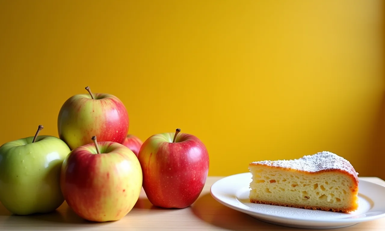 Diferentes tipos de maçã ao lado de uma fatia do bolo.