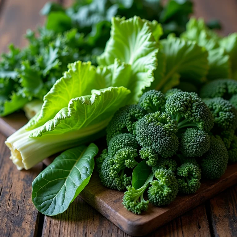 Diversas hortaliças que se beneficiam da poda, como alface, espinafre e couve, dispostas sobre uma mesa rústica.