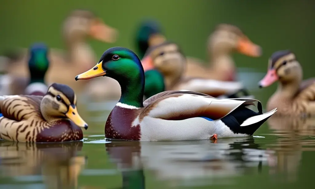 Diversidade de patos nadando em lago, representando sua alimentação variada.