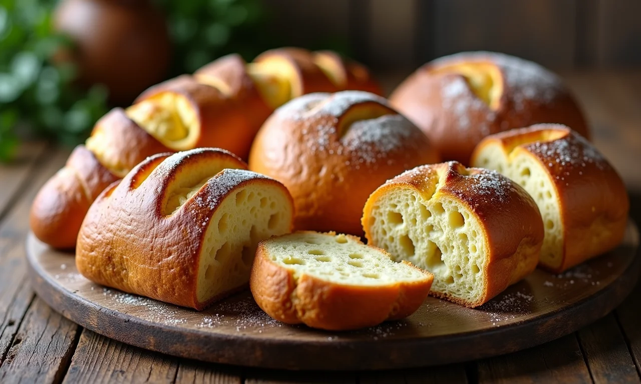 Diversos tipos de pão em mesa rústica com pudim de pão.