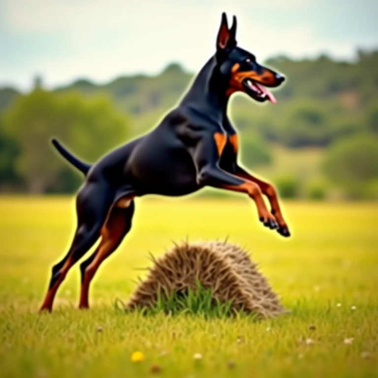 Doberman saltando com elegância