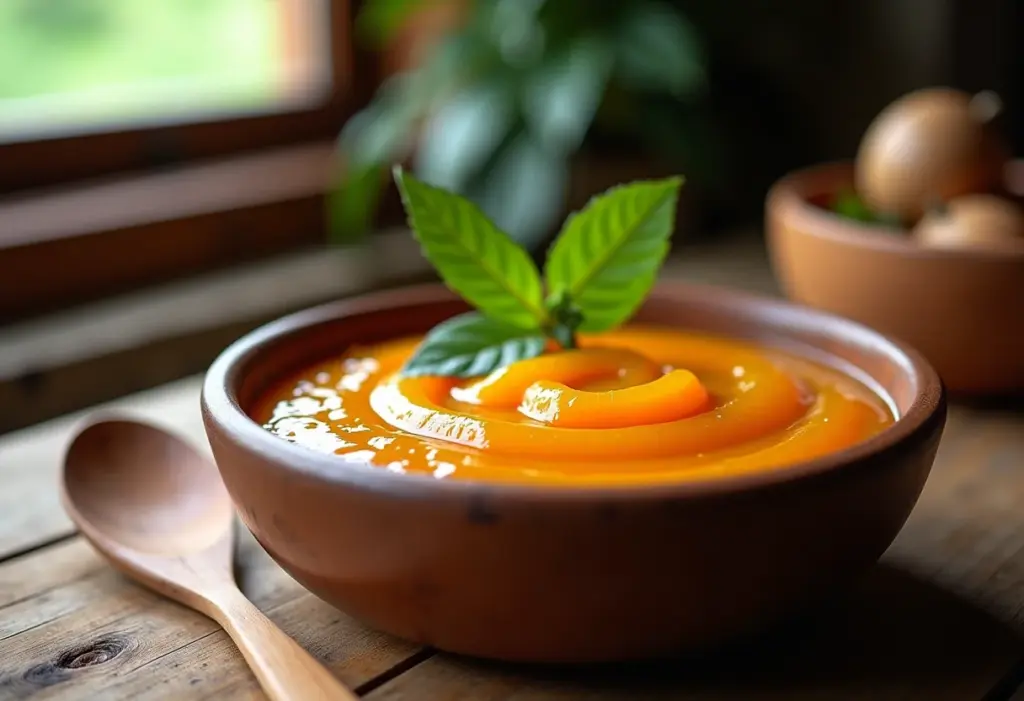 Doce de abóbora com cal caseiro em mesa rústica.