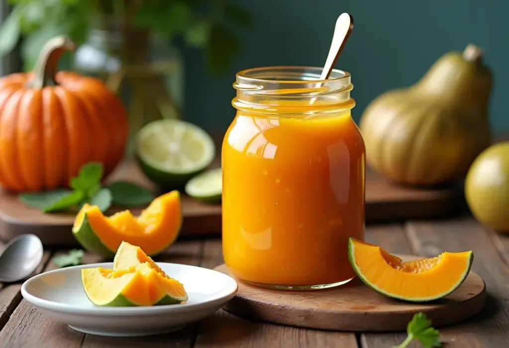 Doce de abóbora cremoso com calda de limão crocante em mesa rústica