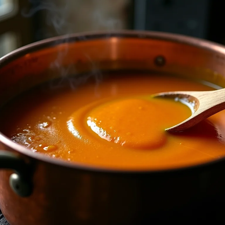 Doce de abóbora mole cozinhando em panela de cobre.