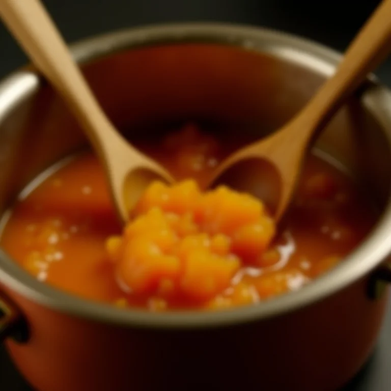 Doce de abóbora sendo mexido em panela de cobre