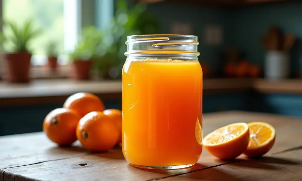 Doce de laranja caseiro em compota, servido em um pote de vidro.