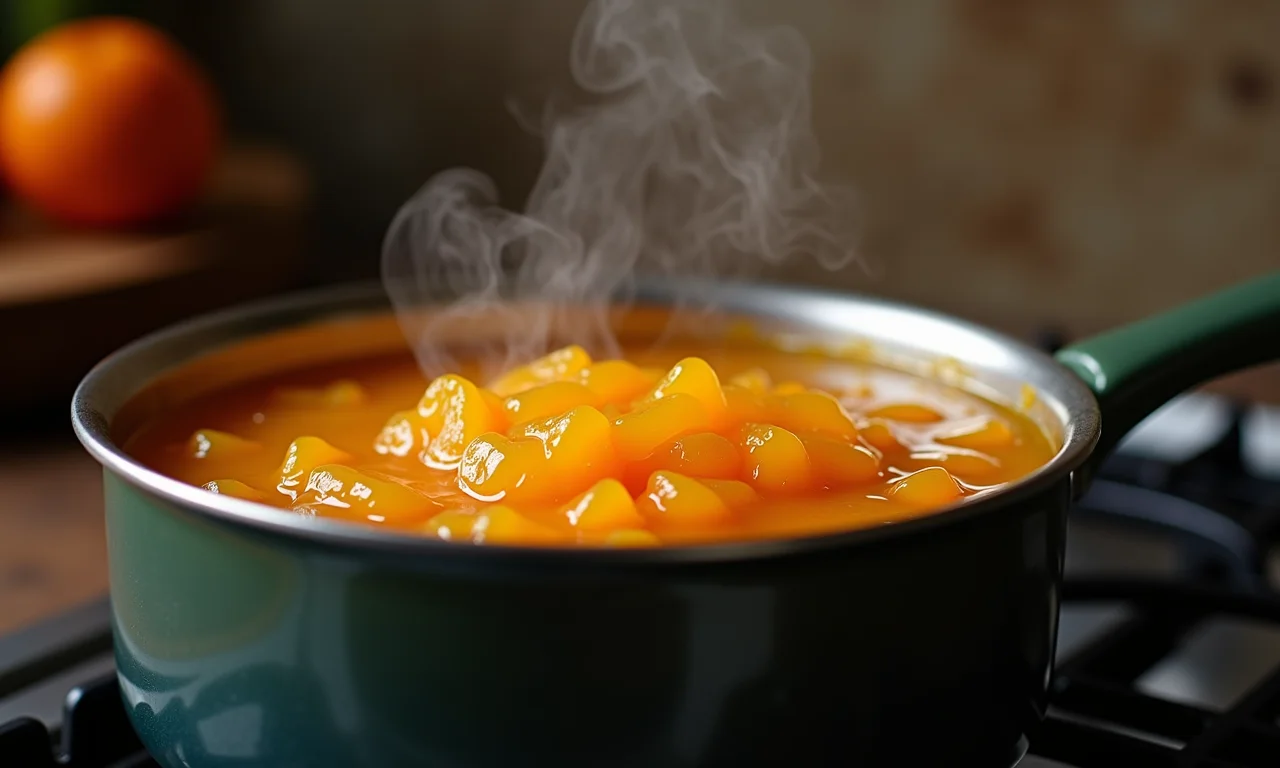 Doce de laranja cozinhando em fogo baixo para apurar o sabor.