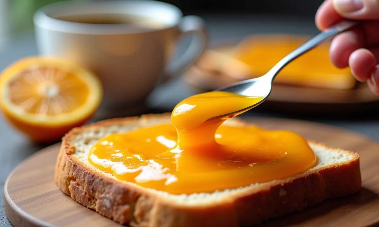 Doce de laranja cremoso em torrada.