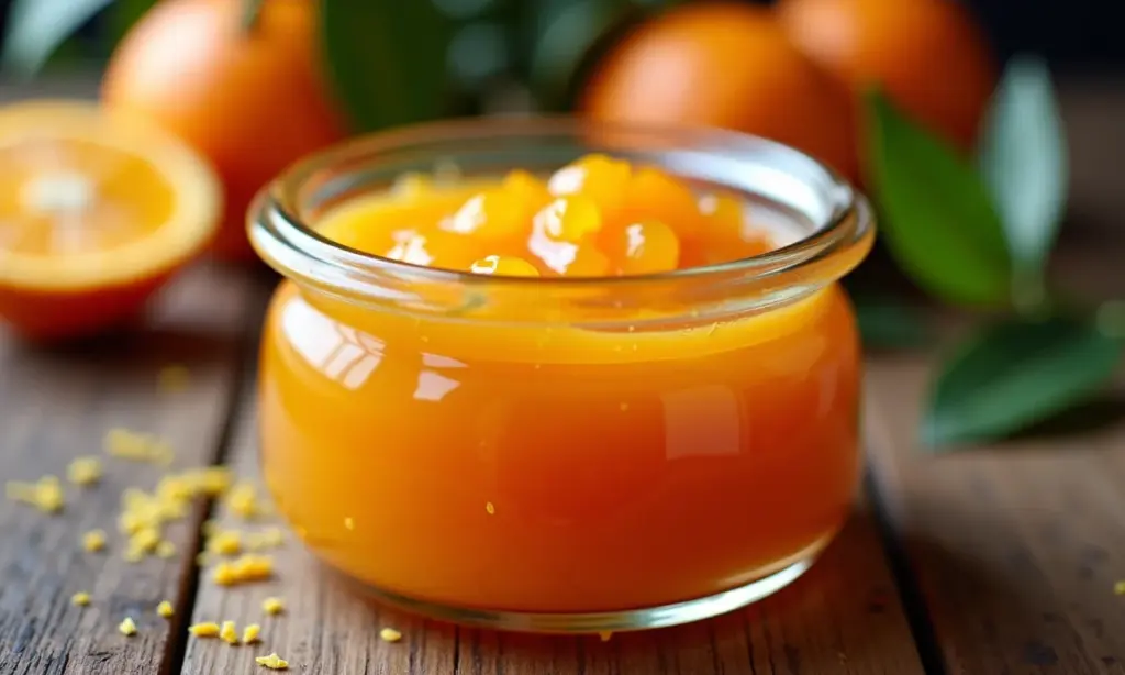 Doce de laranja da terra caseiro com casca em pote de vidro.