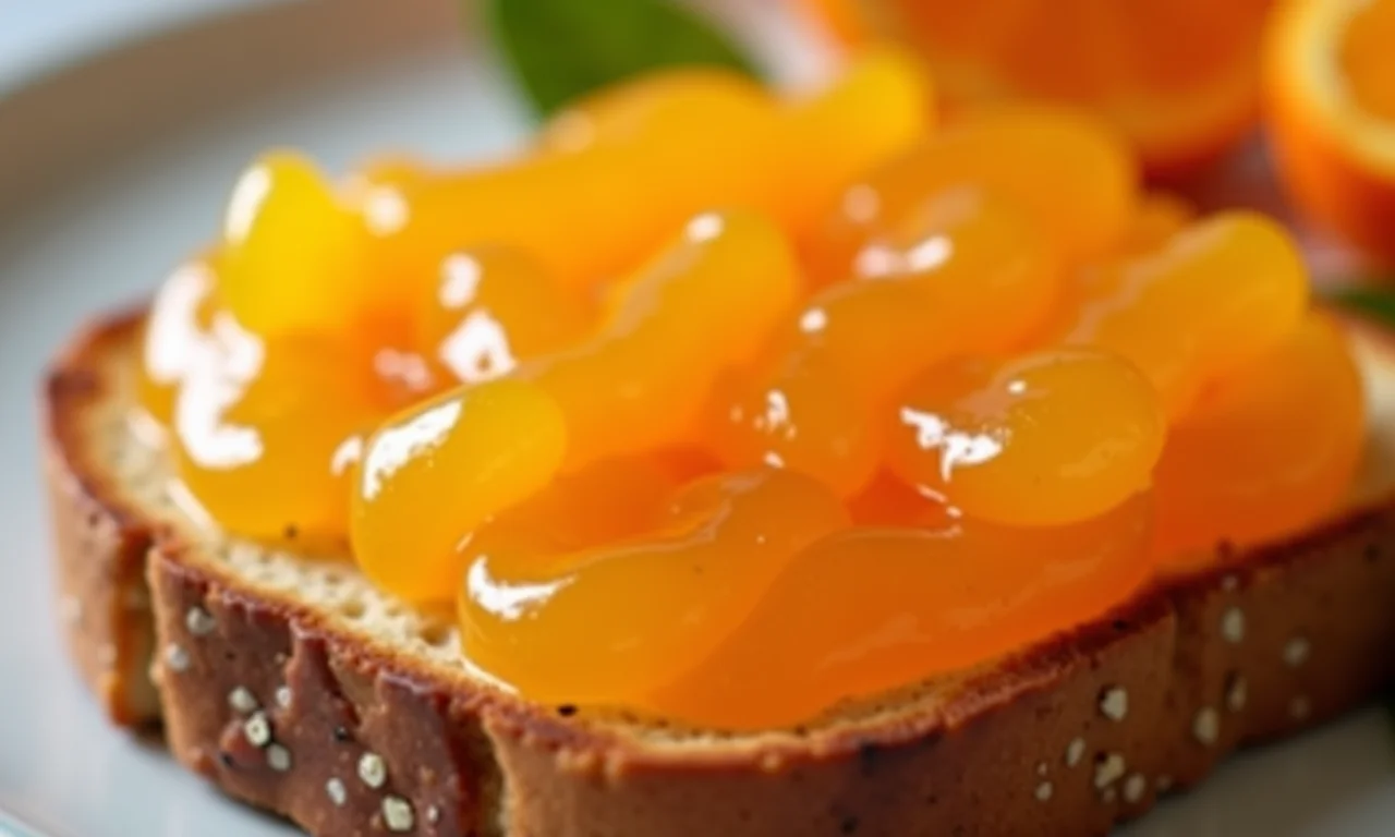 Doce de laranja da terra em torrada com close-up.