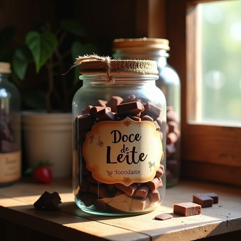 Doce de leite com chocolate armazenado em pote de vidro com etiqueta rústica.