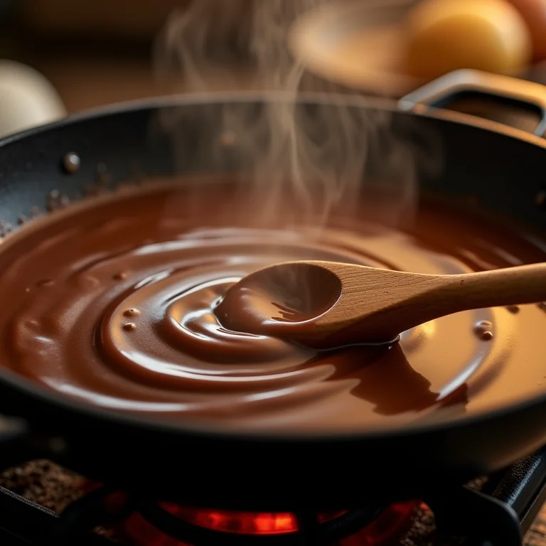 Doce de leite com chocolate cremoso sendo preparado em fogão a lenha.