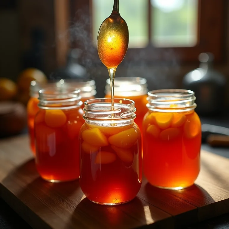 Doce de mangaba sendo colocado em potes esterilizados.