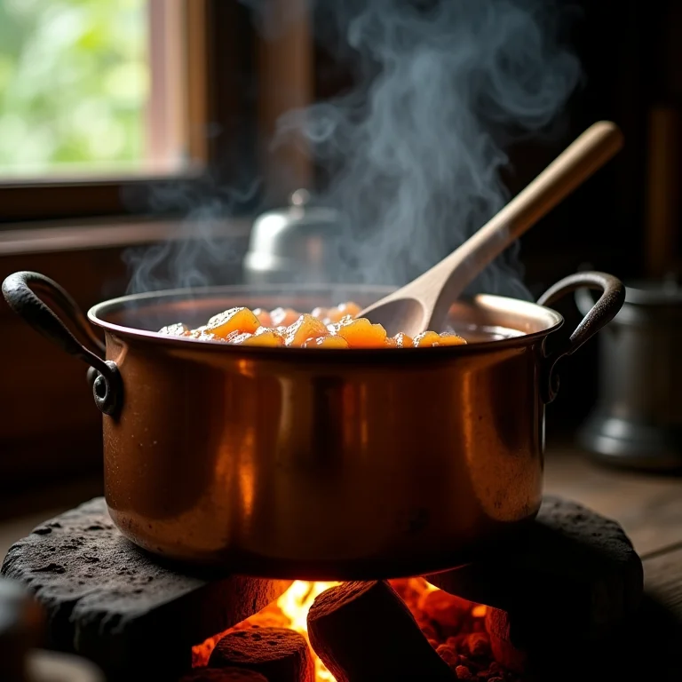 Doce de mangaba sendo preparado em panela de cobre no fogão a lenha