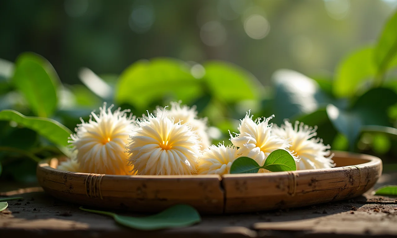 Equipamentos simples para criação de bichos da seda: bandejas de bambu e folhas de amoreira.