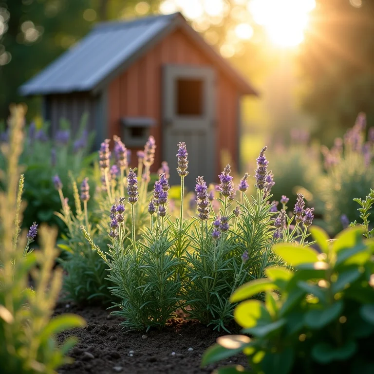 Ervas aromáticas plantadas ao redor de um galinheiro.