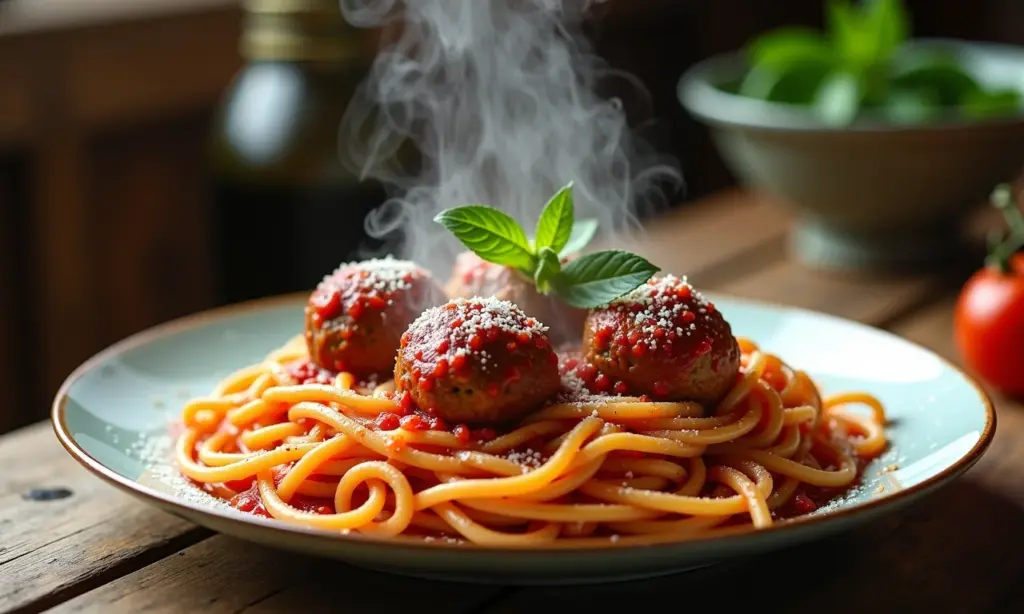 Espaguete com almôndegas, um prato clássico ítalo-americano servido em um ambiente rústico e convidativo.
