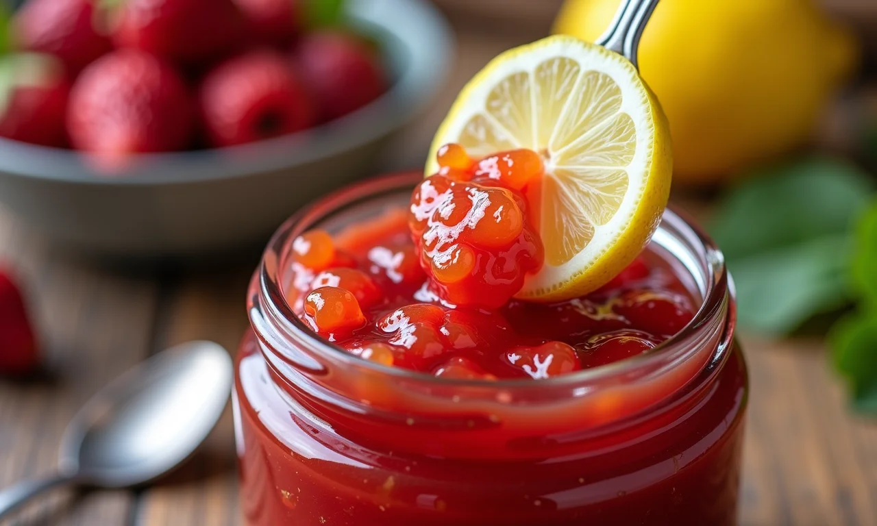 Especialista adicionando raspas de limão à geleia de morango.