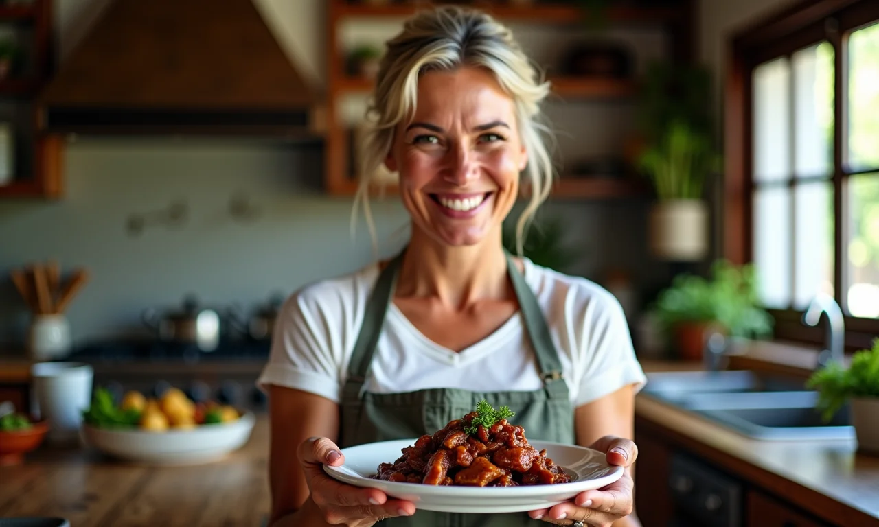 Especialista sorrindo com prato de carne de panela.