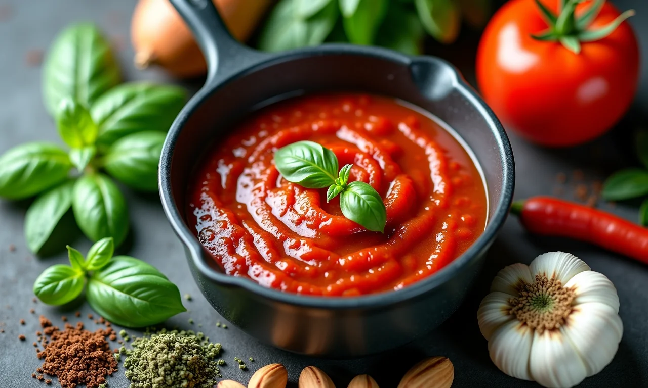 Especiarias e ervas frescas ao redor de um molho de tomate.