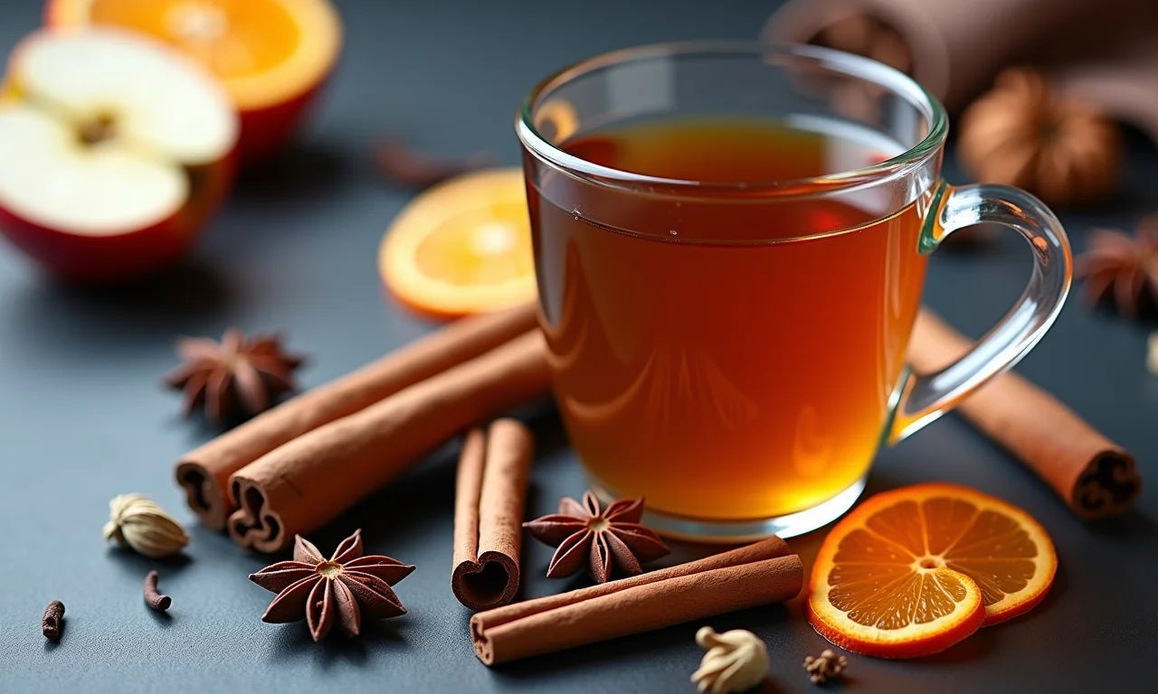 Especiarias para chá de maçã com cravo: canela, cravo, anis, cardamomo e laranja.
