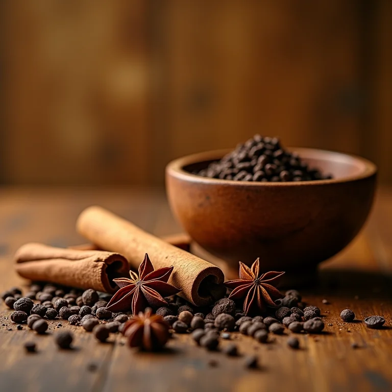 Especiarias variadas para vinho quente em mesa de madeira