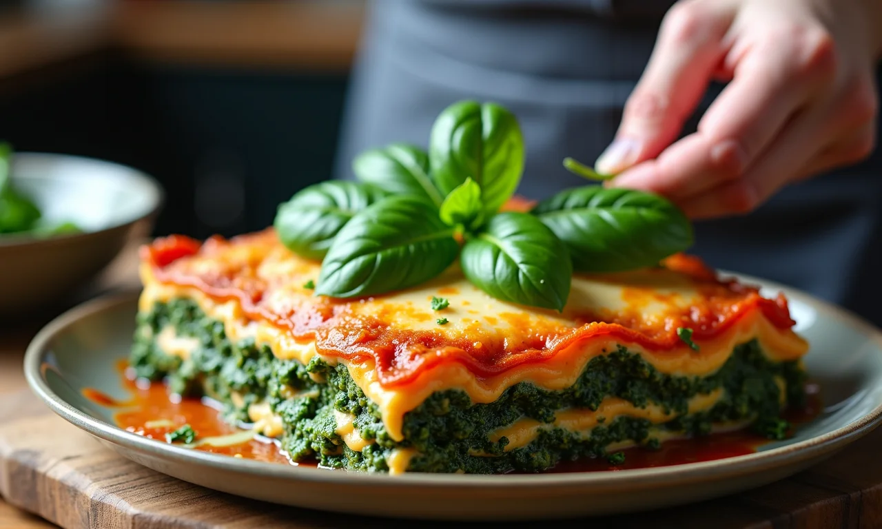 Espinafre adicionado à lasanha ao pesto para um toque nutritivo.
