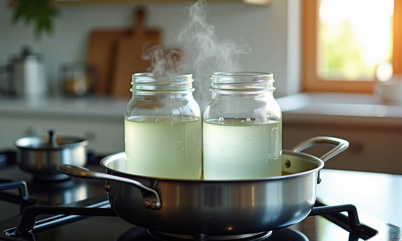 Esterilização de potes de vidro para geleia em água fervente.