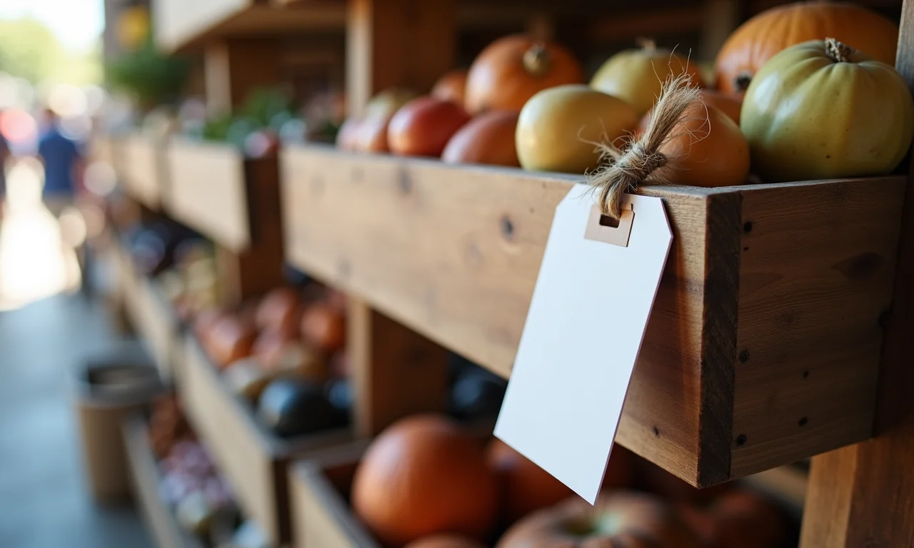 Etiqueta de preço pendurada em gamela de madeira em mercado de artesanato.