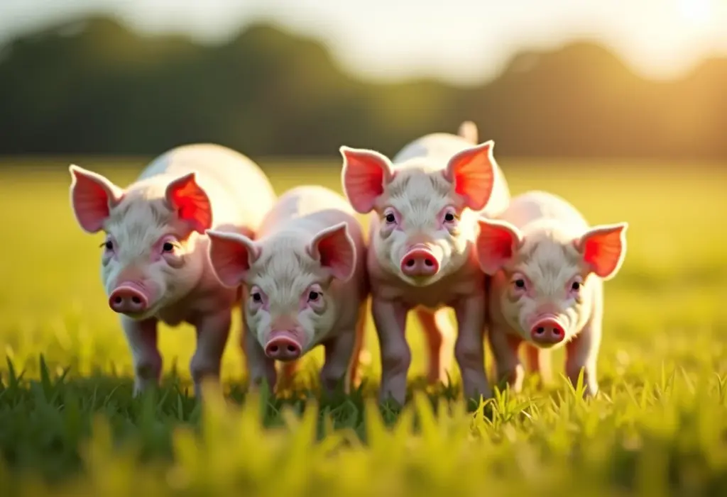 Família de mini porcos vietnamitas felizes no pasto ensolarado