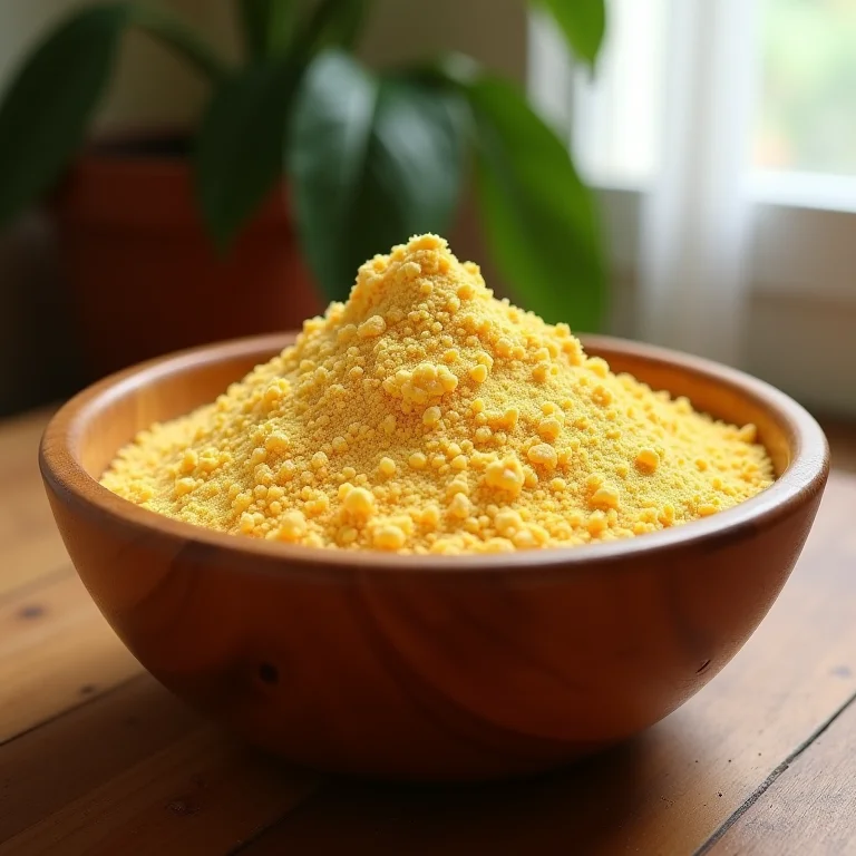 Farinha de milho flocada em tigela de madeira.