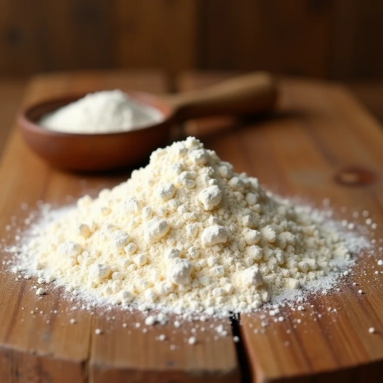 Farinha de trigo em uma superfície de madeira com colher de medida rústica.