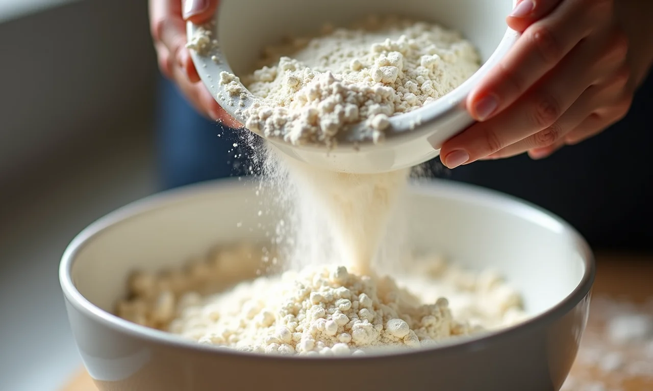 Farinha de trigo sendo peneirada para um bolo mais leve.