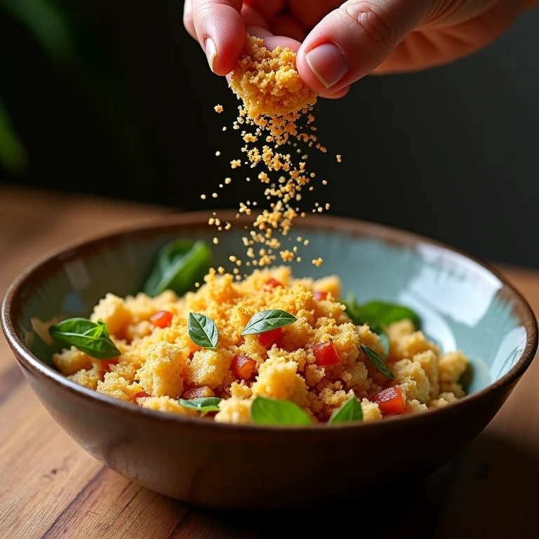 Farofa crocante sendo adicionada à salada de jiló