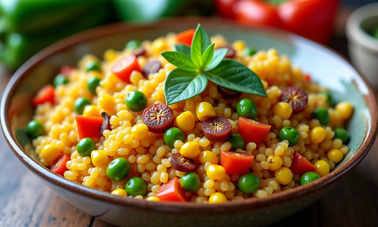 Farofa de cuscuz vegana com vegetais coloridos.