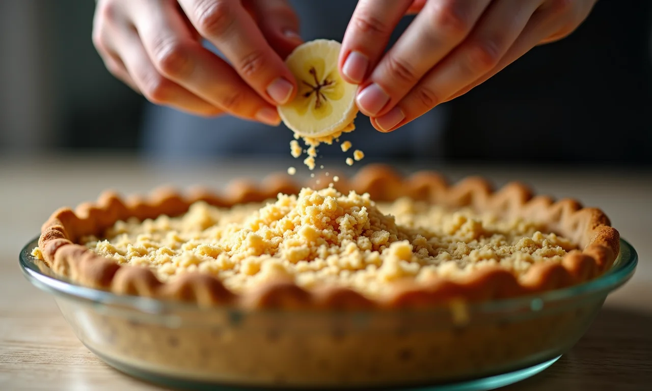 Farofa sendo adicionada à torta de banana.