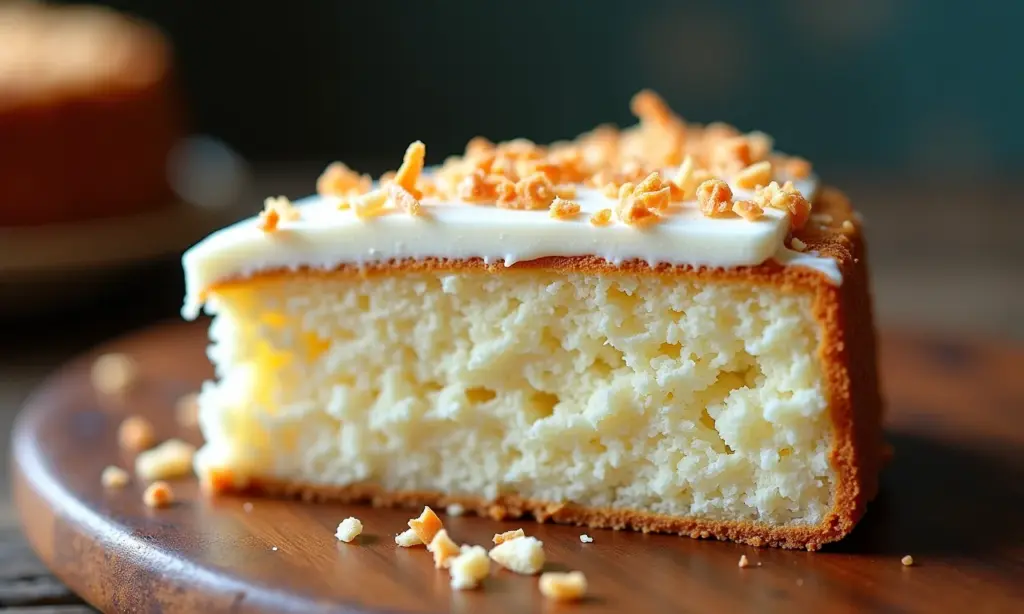 Fatia de bolo de coco cremoso com textura de pudim.