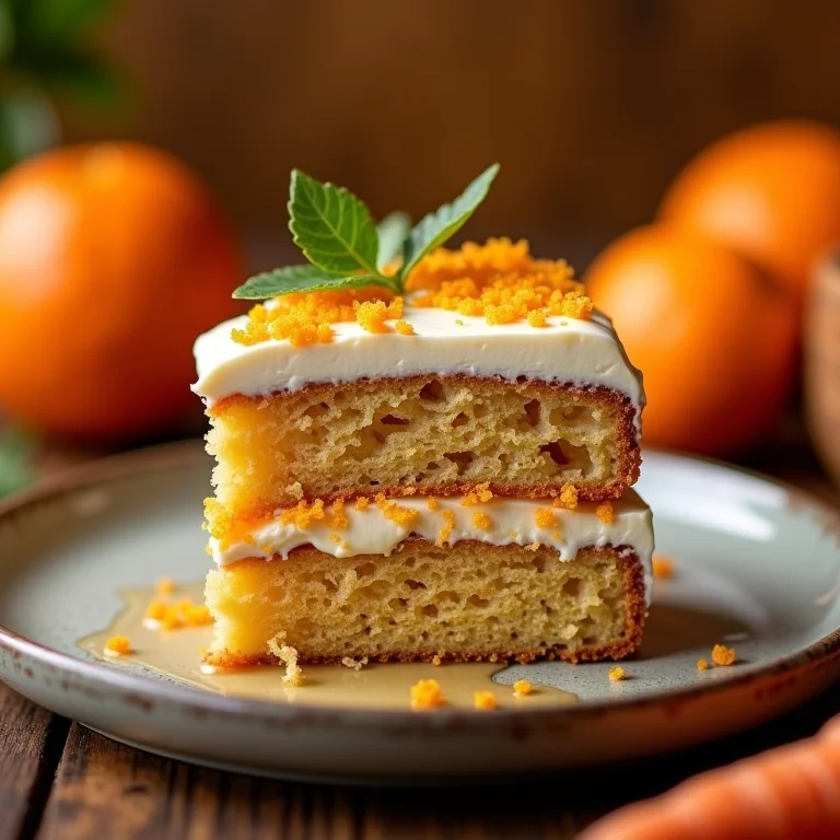Fatia de bolo de laranja com cenoura com textura fofinha