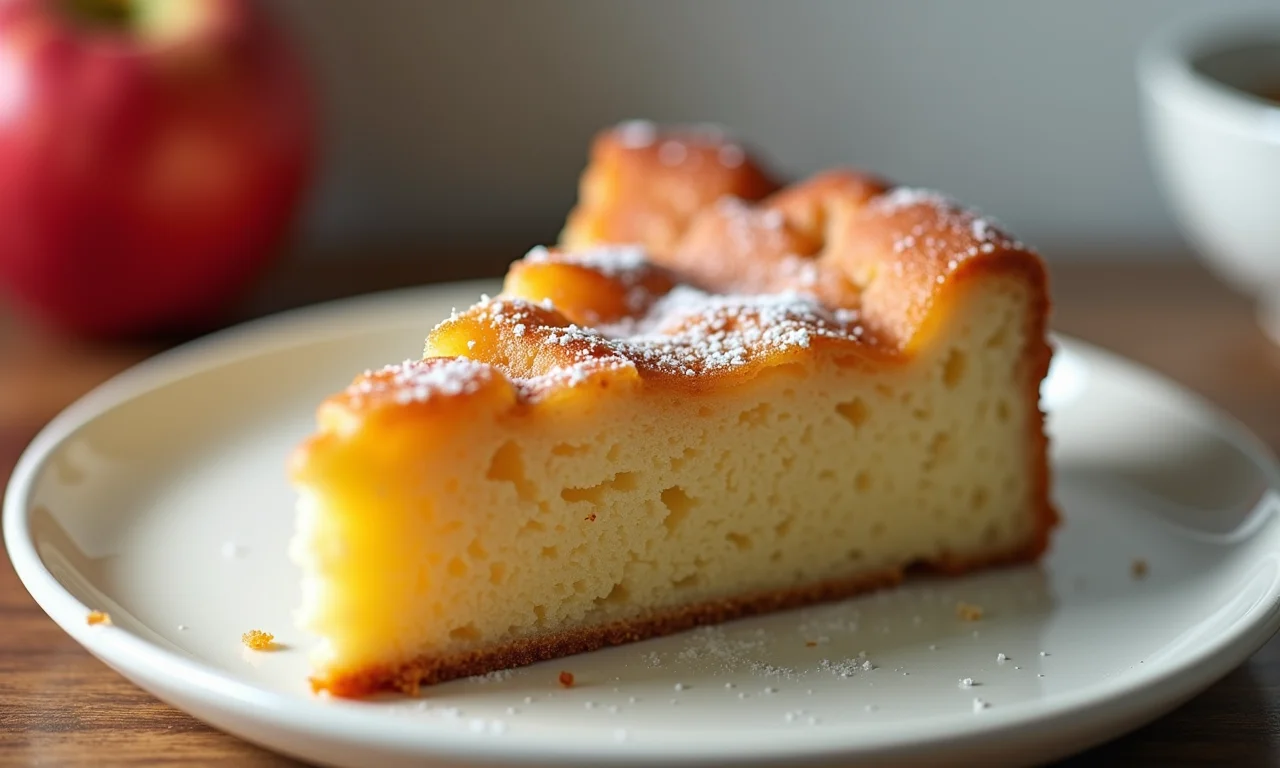 Fatia de bolo de maçã com casca armazenada em um recipiente na geladeira.