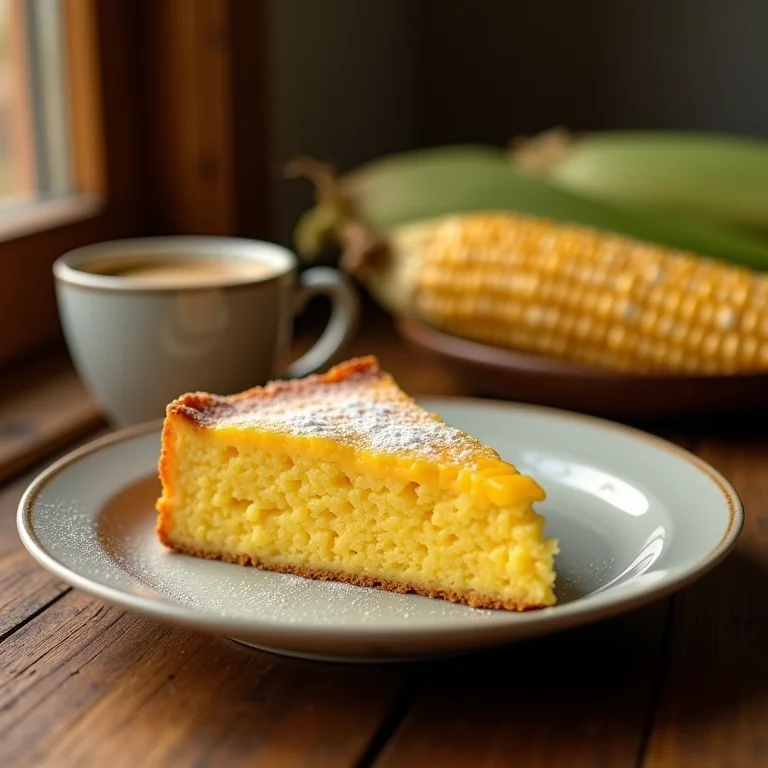 Fatia de bolo de milho cremoso com café.