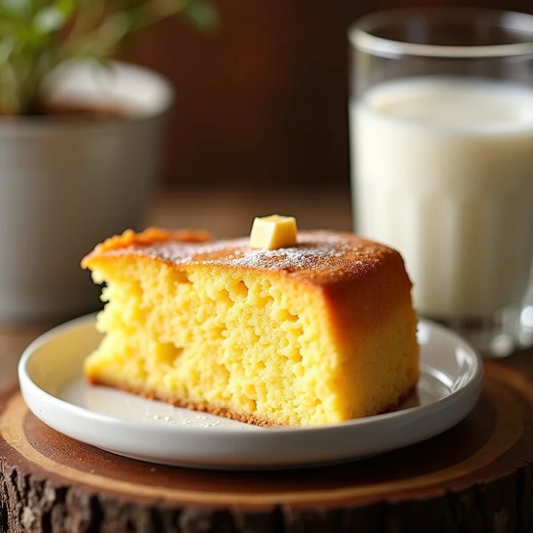 Fatia de bolo de milho cremoso com copo de leite