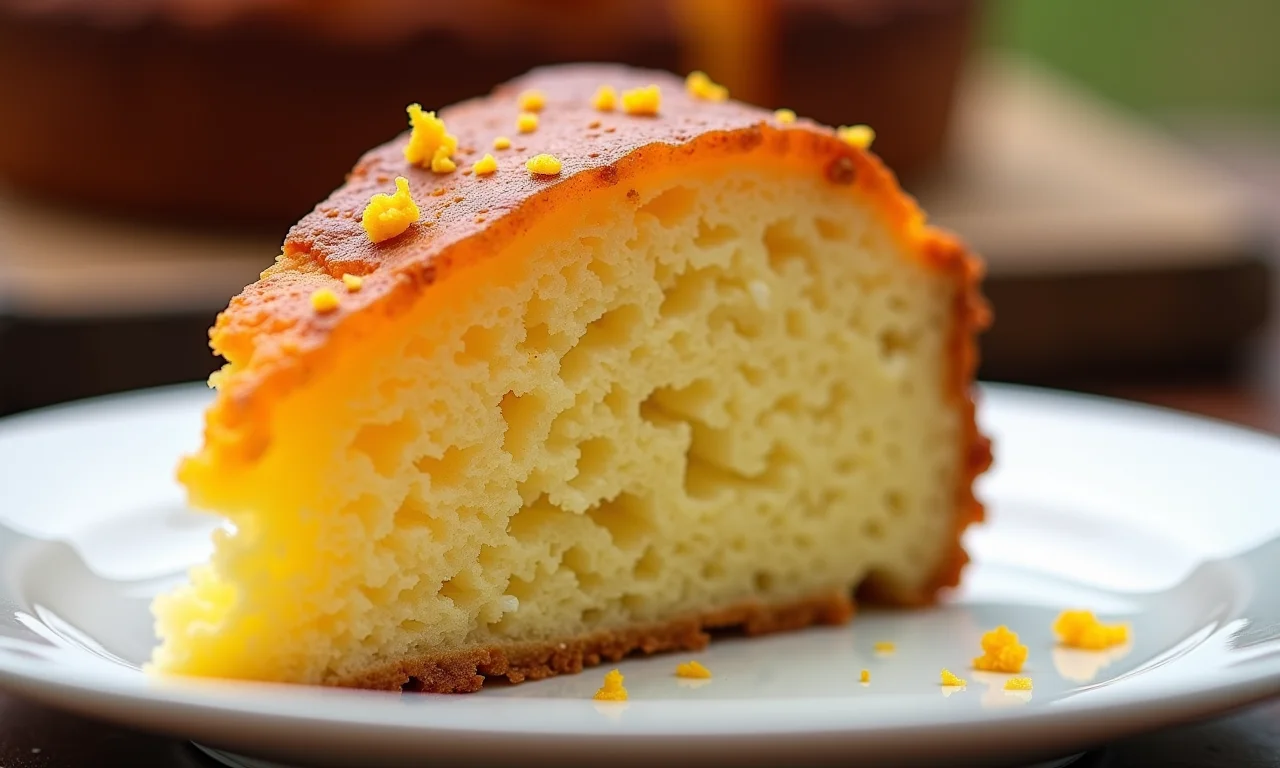 Fatia de bolo formigueiro com laranja com textura fofinha.