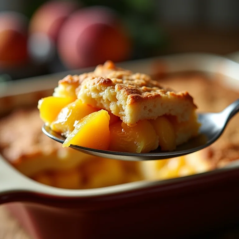 Fatia de Peach Cobbler sendo servida.