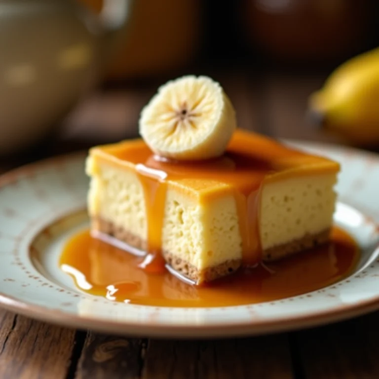 Fatia de pudim de banana com calda em detalhe.