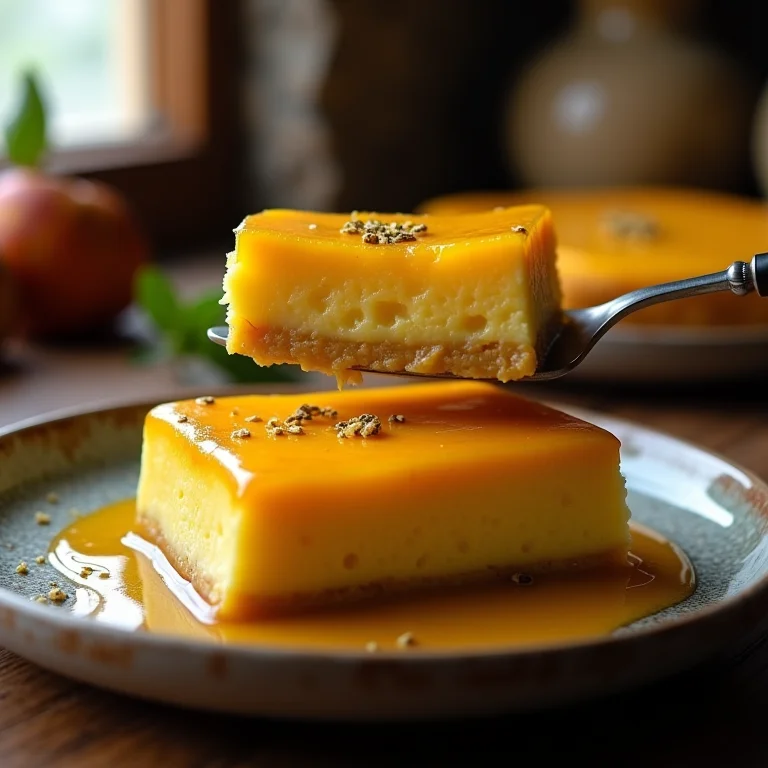 Fatia de pudim de maracujá sendo servida em prato rústico.