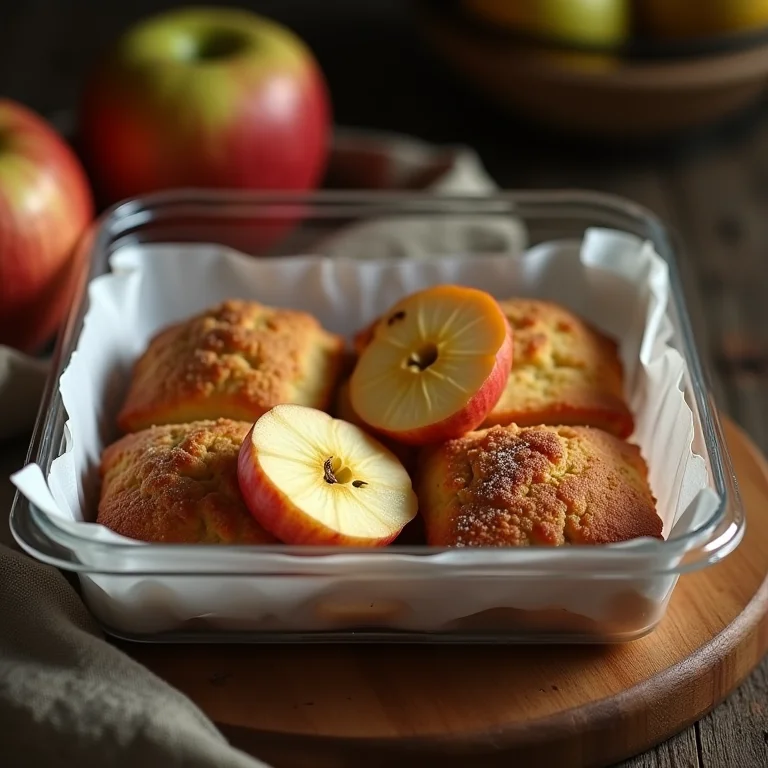 Fatias de bolo de maçã sendo armazenadas em recipiente hermético.