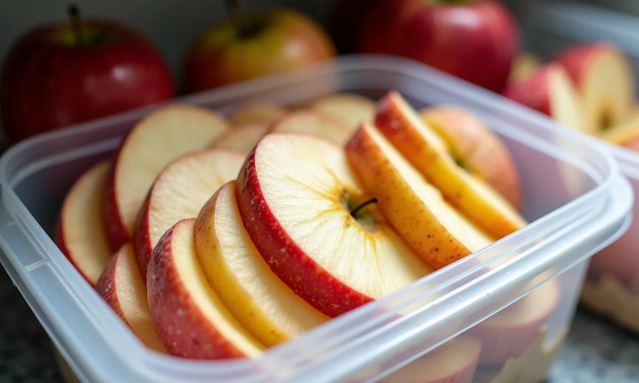 Fatias de maçã assada congeladas em um recipiente.