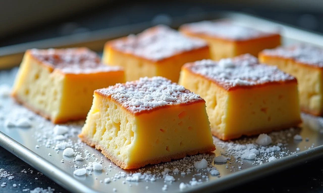 Fatias de pudim de pão congeladas em bandeja.